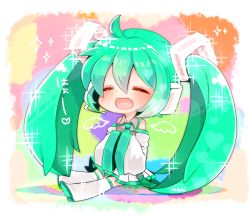 Rule 34 | 1girl, ahoge, artist name, chibi, detached sleeves, closed eyes, fang, green hair, hatsune miku, headset, long hair, mami (sweetcandy), open mouth, sitting, skirt, solo, sparkle, twintails, very long hair, vocaloid