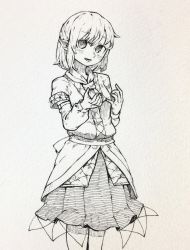 Rule 34 | 1girl, absurdres, blush, detached sleeves, greyscale, highres, long sleeves, looking at viewer, mashimashi, mizuhashi parsee, monochrome, open mouth, pleated skirt, pointy ears, short hair, short sleeves, skirt, solo, standing, touhou, traditional media