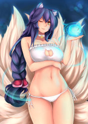 Rule 34 | 1girl, ;), absurdres, ahri (league of legends), animal ears, bare arms, bare shoulders, bell, blue fire, blurry, bra, braid, breasts, cat cutout, cat lingerie, choker, cleavage, cleavage cutout, closed mouth, clothing cutout, collarbone, cowboy shot, depth of field, facial mark, fire, fox ears, fox tail, frilled bra, frills, glowing, hair ornament, hair scrunchie, head tilt, highres, jingle bell, large breasts, league of legends, lens flare, lingerie, lips, long hair, looking at viewer, low-tied long hair, magic, meme attire, midriff, multiple tails, navel, one eye closed, panties, purple hair, ribbon, scrunchie, side-tie panties, single braid, slit pupils, smile, solo, stomach, tail, thigh gap, thighs, underwear, very long hair, whisker markings, white bra, white panties, white ribbon, yashichii