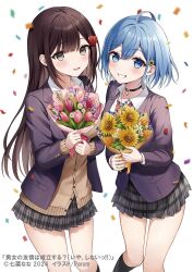 Rule 34 | 2girls, ahoge, artist name, black choker, black eyes, black hair, black socks, blue eyes, blue hair, blush, bouquet, breasts, brown sweater, choker, collarbone, commentary request, confetti, copyright name, copyright notice, danjo no yuujou wa seiritsu suru?, diagonal-striped clothes, diagonal-striped necktie, flower, grey skirt, hair flower, hair ornament, head tilt, highres, holding, holding bouquet, jacket, large breasts, long hair, long sleeves, looking at viewer, miniskirt, multiple girls, necktie, official art, parted lips, parum39, pleated skirt, purple jacket, raised eyebrows, red necktie, school uniform, second-party source, shiny skin, shirt, short hair, simple background, skirt, smile, socks, standing, striped clothes, sunflower, sunflower hair ornament, sweater, teeth, very long hair, white background, white shirt