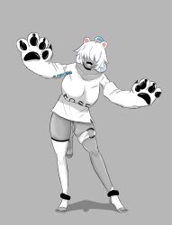 Rule 34 | 1girl, ahoge, animal ears, animal hands, ankle cuffs, antenna hair, bear ears, bear girl, bear paws, black choker, breasts, character sheet, choker, claws, elbow gloves, full body, futanari, gloves, hair between eyes, hair over eyes, highres, large breasts, large testicles, leg strap, marie (zanamaoria), medium hair, mr.feather, nipples, nude, open mouth, original, pale skin, paw gloves, pawpads, penis, sagging testicles, shirt, skindentation, smile, solo, spot color, squatting, standing, t-shirt, testicles, thick thighs, thighhighs, thighs, toeless legwear, white fur, white hair, wide hips