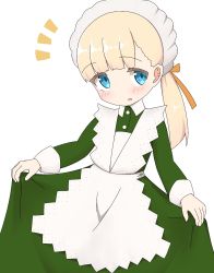 Rule 34 | 1girl, :d, alternate costume, apron, blonde hair, blush, commentary request, dress, enmaided, green dress, head tilt, highres, ichi (ichi.colors), kantai collection, long hair, long sleeves, low ponytail, maid, maid headdress, notice lines, open mouth, ponytail, shin&#039;you (kancolle), simple background, skirt hold, smile, solo, white apron, white background