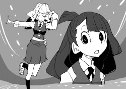 Rule 34 | black hair, closed mouth, diana cavendish, dowman sayman, closed eyes, greyscale, hand to head, kagari atsuko, little witch academia, long hair, looking at another, luna nova school uniform, monochrome, open mouth, ponytail, school uniform, socks, standing, standing on one leg