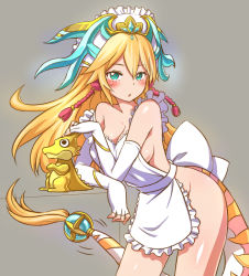 Rule 34 | 1girl, apron, blonde hair, blush, breasts, gold trim, green eyes, large breasts, long hair, looking at viewer, naked apron, puzzle &amp; dragons, sakuya (p&amp;d), simple background, solo, tail, yellow theme, zaxwu