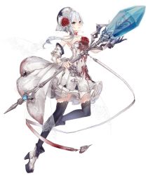 Rule 34 | 1girl, blood, blood on clothes, blue eyes, breasts, crystal, detached sleeves, dress, flower, full body, hat, high heels, holding, holding staff, jino, official art, platform footwear, rose, see-through, side ponytail, sinoalice, small breasts, snow white (sinoalice), solo, staff, thighhighs, transparent background, white hair