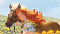 Rule 34 | 1girl, animal, arm up, blanco026, blue eyes, blue sky, brown hair, child, closed eyes, cloud, commentary, day, dress, epona (legend of zelda), field, flower, highres, horse, long hair, malon, nintendo, orange hair, outdoors, parted lips, pointy ears, short sleeves, sky, smile, solo, teeth, the legend of zelda, the legend of zelda: ocarina of time, upper body, white dress, yellow flower