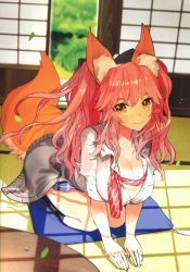 Rule 34 | 1girl, absurdres, animal ear fluff, animal ears, bow, breasts, brown eyes, buttons, cleavage, fate/extra, fate/grand order, fate (series), fox ears, fox girl, fox tail, full body, hair bow, highres, indoors, large breasts, leaf, lips, long hair, looking at viewer, pink hair, scan, seiza, shadow, shirt, simple background, sitting, skirt, sleeves rolled up, smile, socks, solo, table, tail, tamamo (fate), tamamo no mae (fate/extra), tamamo no mae (jk) (fate), tatami, wada arco