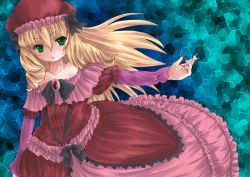 Rule 34 | 1girl, bare shoulders, blonde hair, blue background, bow, brooch, cave (developer), dodonpachi, dodonpachi daioujou, dress, expressionless, frills, green eyes, hair bow, hat, honeycomb background, honeycomb pattern, jewelry, jinra, long hair, mosaic background, pink dress, ribbon, shotia, solo, grid background