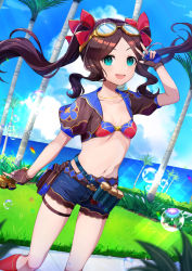 Rule 34 | 1girl, beach, bikini, bikini top only, blue eyes, blue shorts, blue sky, blush, breasts, brown gloves, brown hair, bubble, capsule, collarbone, fate/grand order, fate (series), fingerless gloves, forehead, gloves, goggles, gun, hair ribbon, highres, hsin, jewelry, leonardo da vinci (fate), leonardo da vinci (fate/grand order), leonardo da vinci (rider) (fate), leonardo da vinci (swimsuit ruler) (fate), long hair, looking at viewer, necklace, open mouth, palm tree, parted bangs, puffy short sleeves, puffy sleeves, red bikini, red ribbon, ribbon, short shorts, short sleeves, shorts, shrug (clothing), sidelocks, sky, small breasts, smile, solo, sparkle, swimsuit, thighs, tree, twintails, w, weapon