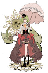 Rule 34 | 1girl, absurdres, alternate costume, bare shoulders, boots, breasts, corset, cross-laced footwear, dress, full body, garter straps, gears, gloves, green hair, hat, high-low skirt, highres, holding, holding umbrella, kazami yuuka, lace-up boots, large breasts, leaf, parasol, plaid, plaid ribbon, red eyes, ribbon, short hair, smile, solo, thigh strap, thighhighs, touhou, umbrella, verde525, watering can, white background