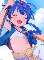 Rule 34 | 1boy, aladdin (magi), blue hair, blue sky, braid, closed eyes, cloud, cloudy sky, commentary, day, english commentary, fantasy, flute, hat, highres, holding, holding staff, instrument, jewelry, long hair, magi the labyrinth of magic, magic, male focus, midriff, navel, nemui (nemuriyagi), open mouth, outdoors, single braid, sky, smile, solo, staff, turban, wand
