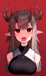 Rule 34 | 1girl, absurdres, arknights, bare shoulders, beudelb, highres, horns, long hair, matoimaru (arknights), multiple horns, open mouth, pointy ears, red background, red eyes, simple background, sleeveless, solo, teeth, tongue