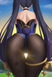 Rule 34 | 1girl, absurdres, ass, bag, bare shoulders, black hair, black pantyhose, blurry, choker, commentary request, depth of field, earrings, from behind, genshin impact, grass, hair ornament, handbag, highres, jewelry, leotard, long hair, mona (genshin impact), outdoors, pantyhose, sky, solo, sp123, standing, star (symbol), star print, sunlight, thigh gap, twintails, wallet