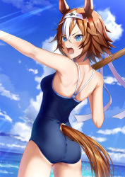 Rule 34 | 1girl, animal ears, bamboo memory (umamusume), bare shoulders, blue eyes, blurry, blurry background, blush, breasts, brown hair, clothing cutout, cloud, cowboy shot, day, from behind, gluteal fold, hand up, headband, highres, holding, holding sword, holding weapon, horizon, horse ears, horse girl, horse tail, looking to the side, medium breasts, multicolored hair, ocean, one-piece swimsuit, open mouth, outdoors, outstretched arm, school swimsuit, shinai, short sleeves, solo, standing, streaked hair, swimsuit, sword, tail, tail through clothes, tks (526tks), umamusume, v-shaped eyebrows, weapon