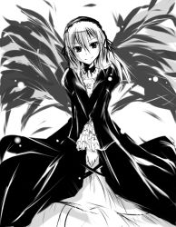 Rule 34 | 00s, 1girl, babel, babel99, dress, frilled sleeves, frills, greyscale, hairband, lolita hairband, long sleeves, looking back, monochrome, rozen maiden, simple background, solo, suigintou, white background