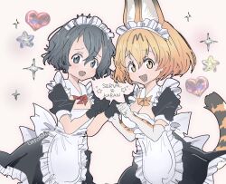 2girls alternate_costume animal_ears animal_print apron back_bow black_dress black_gloves black_hair blonde_hair blue_eyes bow bowtie cat_ears cat_girl cat_print cat_tail cowboy_shot dress elbow_gloves enmaided extra_ears frilled_apron frilled_dress frills gako_nyan2 gloves hair_between_eyes highres kaban_(kemono_friends) kemono_friends looking_at_viewer maid maid_apron maid_headdress matching_outfits multiple_girls open_mouth paw_pose print_gloves puffy_short_sleeves puffy_sleeves red_bow red_bowtie serval_(kemono_friends) short_hair short_sleeves sidelocks smile tail white_apron white_gloves yellow_bow yellow_bowtie yellow_eyes