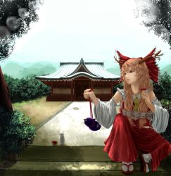 Rule 34 | 1girl, architecture, arm up, ascot, bad id, bad pixiv id, blonde hair, bow, brown eyes, chaki (emeraldia), cosplay, cup, detached sleeves, east asian architecture, eyelashes, female focus, forest, geta, gourd, hair bow, hakurei reimu, hakurei reimu (cosplay), highres, horn ornament, horn ribbon, horns, ibuki suika, lens flare, light brown hair, lips, long hair, looking away, momose chiaki, mountain, nature, parted lips, path, plant, potted plant, realistic, ribbon, road, sakazuki, shrine, sitting, solo, tabi, tokkuri, touhou, very long hair