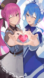 Rule 34 | 2girls, absurdres, anchor print, anchor symbol, apron, blue dress, blue eyes, blue hair, dress, frilled headwear, hair between eyes, heart, heart hands, heart hands duo, highres, hololive, hoshimachi suisei, long hair, long sleeves, looking at viewer, maid headdress, minato aqua, multiple girls, one eye closed, pink dress, pink hair, side ponytail, smile, star (symbol), star in eye, symbol in eye, twintails, virgo76612871, virtual youtuber, waist apron, white apron