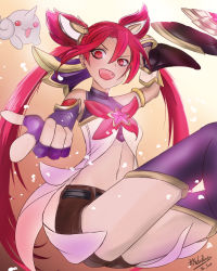Rule 34 | 1girl, bare shoulders, fang, fingerless gloves, flat chest, full body, gloves, highres, jinx (league of legends), league of legends, long hair, looking at viewer, nekobox, open mouth, red eyes, red hair, sleeveless, sleeveless turtleneck, smile, solo, star-shaped pupils, star (symbol), star guardian (league of legends), star guardian jinx, symbol-shaped pupils, turtleneck, twintails, very long hair