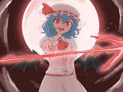 Rule 34 | 1girl, ascot, bat wings, blue hair, bow, brooch, collared shirt, fangs, frilled shirt collar, frilled sleeves, frills, hat, highres, jewelry, mata (matasoup), mob cap, puffy short sleeves, puffy sleeves, red ascot, red bow, red eyes, remilia scarlet, shirt, short hair, short sleeves, skirt, smile, solo, spear the gungnir, textless version, touhou, white hat, white shirt, white skirt, wings, wrist cuffs