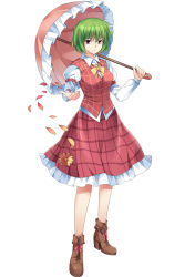 Rule 34 | &gt;:), 1girl, arm garter, bad id, bad pixiv id, bow, bowtie, brown footwear, flower, full body, green hair, juliet sleeves, kazami yuuka, long sleeves, looking at viewer, petals, pico (picollector79), plaid, plaid skirt, plaid vest, puffy sleeves, red eyes, shoes, short hair, skirt, skirt set, solo, sunflower, touhou, umbrella, v-shaped eyebrows, vest, white background, yellow bow, yellow bowtie