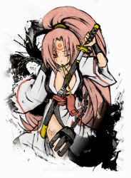 Rule 34 | 1girl, arc system works, bad id, bad pixiv id, baiken, breasts, claws, cleavage, guilty gear, japanese clothes, katana, kimono, large breasts, mouth hold, open clothes, open kimono, pink eyes, pink hair, ponytail, scar, sheath, solo, sunfl, sword, unsheathing, weapon