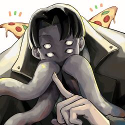 Rule 34 | 1boy, black hair, black jacket, bob cut, choujin x, closed mouth, cropped torso, extra eyes, food, grey eyes, highres, jacket, looking at viewer, male focus, mouth tentacles, pizza, pizza slice, ricardo terror, short hair, simple background, solo, tentacle tongue, tentacles, upper body, white background, white eyes, yuma kahara