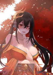Rule 34 | 1girl, absurdres, ahoge, arm between breasts, arm under breasts, autumn leaves, ayul (ayulneri 92), azur lane, bare shoulders, black hair, blush, breasts, cleavage, collarbone, crossed bangs, cunnilingus gesture, day, feathers, hair between eyes, hair ribbon, hand to own mouth, highres, japanese clothes, kimono, large breasts, leaf, long hair, looking at viewer, maple leaf, mask, mask on head, obi, open mouth, outdoors, red eyes, red kimono, ribbon, sash, sidelocks, smile, solo, striped ribbon, taihou (azur lane), twintails, upper body, very long hair, wide sleeves, wind