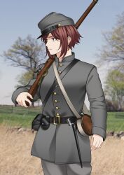 Rule 34 | 1girl, absurdres, american civil war, bayonet, belt buckle, buckle, buttons, confederate states of america, expressionless, grass, grey headwear, grey jacket, gun, highres, holding, holding gun, holding weapon, jacket, keiita, looking to the side, military, military uniform, musket, original, red hair, short hair, solo, tree, uniform, weapon