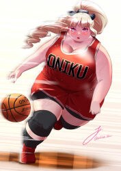 Rule 34 | 1girl, akina bbw, artist name, ball, bare shoulders, basketball, basketball (object), basketball uniform, bike shorts, blonde hair, blush, breasts, character request, cleavage, closed mouth, commentary request, commission, copyright request, dot nose, highres, huge breasts, knee pads, leaning to the side, long hair, looking at viewer, motion blur, motion lines, open hand, pink eyes, pixiv commission, ponytail, red footwear, red lips, romaji text, shoes, sleeveless, sneakers, solo, sportswear, standing, standing on one leg, sweat, thick arms, thick thighs, thighs, tsurime, twitter username