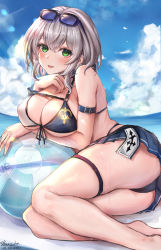 Rule 34 | 1girl, absurdres, arm strap, ass, ball, beachball, bikini, black bikini, black skirt, blue sky, blush, breast rest, breasts, cleavage, cloud, covered erect nipples, dated, day, eyewear on head, green eyes, grey hair, highres, hololive, large breasts, lens flare, looking at viewer, medium hair, open mouth, outdoors, pleated skirt, shirogane noel, shirogane noel (summer 2020), shuzuta, signature, skirt, sky, smile, solo, sunglasses, swimsuit, thigh strap, thighs, underboob, virtual youtuber