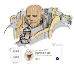 Rule 34 | 1boy, armor, artist logo, artist name, bald, breastplate, caffe latte, cappuccino, coffee, coffee cup, commentary, cup, disposable cup, drink, drinking, drinking straw, drinking straw in mouth, english commentary, facial tattoo, gauntlets, giant, gold trim, grey armor, highres, holding, holding cup, iced coffee, looking down, lorgar aurelian, male focus, menu board, orange eyes, pauldrons, plus sign, power armor, price list, primarch, rerebrace, sagittariiij, shoulder armor, simple background, sketch, smile, solo, straight-on, strawberry syrup, tan, tattoo, translation request, warhammer 40k, wavy mouth, whipped cream, word bearers