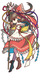 Rule 34 | 1girl, ascot, boots, bow, brown eyes, brown footwear, brown hair, closed mouth, detached sleeves, flower, frilled bow, frilled hair tubes, frills, full body, gohei, hair bow, hair tubes, hakurei reimu, highres, holding, japanese clothes, leaf, long hair, looking at viewer, miko, red bow, red ribbon, red shirt, red skirt, ribbon, ribbon-trimmed sleeves, ribbon trim, shirt, simple background, skirt, smile, socha, solo, touhou, twitter username, white background, wide sleeves, yellow ascot, yellow ribbon