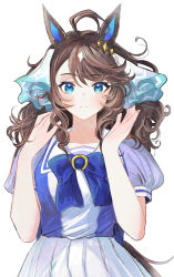 Rule 34 | 1girl, ahoge, animal ears, blue bow, blue bowtie, blue dress, blue eyes, blue ribbon, blush, bow, bowtie, brooch, brown hair, closed mouth, daring tact (umamusume), dress, hair ornament, hair ribbon, hands up, highres, horse ears, horse tail, jewelry, light smile, long hair, looking at viewer, puffy short sleeves, puffy sleeves, ribbon, rosette (roze-ko), short sleeves, simple background, skirt, solo, star (symbol), star hair ornament, swept bangs, tail, umamusume, white background