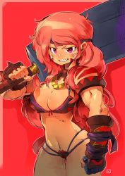 Rule 34 | 1girl, andrewcockroach, armor, bikini, bikini armor, blush, brown gloves, cowboy shot, dragonslayer (sword), facial mark, fingernails, gloves, hand up, headband, highres, holding, holding sword, holding weapon, jewelry, long hair, looking at viewer, multi-strapped bikini, nail polish, necklace, original, over shoulder, purple eyes, red background, red hair, red nails, signature, simple background, smile, solo, swimsuit, sword, sword over shoulder, thigh gap, weapon, weapon over shoulder