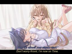 Rule 34 | 2girls, ahoge, alternate costume, bare shoulders, bed sheet, blue eyes, blue hair, blue pajamas, brown eyes, brown hair, chromatic aberration, crossed bangs, curtains, fake subtitles, hair down, hair intakes, head rest, highres, hololive, hololive english, letterboxed, long hair, lying, multicolored hair, multiple girls, nanashi mumei, on back, on bed, on stomach, ouro kronii, pajamas, pillow, pink footwear, playing with another&#039;s hair, short hair, slippers, smile, streaked hair, talking, very long hair, virtual youtuber, yellow pajamas, yuri, zixsiga