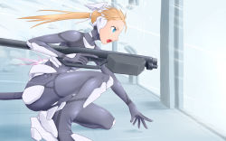 Rule 34 | 1girl, angry, bad id, bad pixiv id, blonde hair, blue eyes, bodysuit, gun, headgear, mecha, mecha musume, open mouth, original, ponytail, rifle, robot, skin tight, solo, squatting, weapon, wind