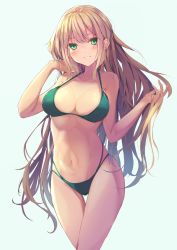 Rule 34 | 1girl, absurdres, bikini, blonde hair, breasts, cleavage, commentary request, cowboy shot, flugel haru, green bikini, green eyes, highres, large breasts, long hair, looking at viewer, navel, original, parted lips, sidelocks, smile, solo, swimsuit, thigh gap
