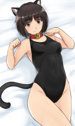 Rule 34 | 1girl, amagami, animal collar, animal ears, bell, black one-piece swimsuit, breasts, brown eyes, brown hair, cat ears, cat tail, collar, competition swimsuit, covered navel, highres, jingle bell, lying, one-piece swimsuit, short hair, small breasts, solo, swimsuit, tachibana miya, tail, yoo tenchi