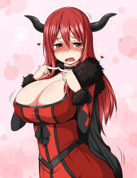 Rule 34 | 10s, 1girl, blush, breasts, cleavage, demon girl, dress, embarrassed, fingers together, horns, huge breasts, index fingers together, long hair, maou (maoyuu), maoyuu maou yuusha, md5 mismatch, nervous, open mouth, red eyes, red hair, solo, sweat, sweatdrop, tears, trembling, zaxwu