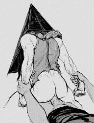 Rule 34 | 2boys, anal, ass, bara, bottomless, cropped legs, from behind, grabbing another&#039;s arm, greyscale, helmet, highres, male focus, monochrome, multiple boys, muscular, muscular male, object head, pyramid head, reverse cowgirl position, sex, sex from behind, silent hill (series), smokerichi, solo focus, straddling, uncensored, yaoi
