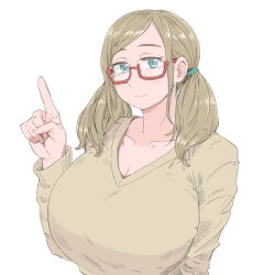 Rule 34 | 1girl, blue eyes, breasts, brown hair, cleavage, glasses, huge breasts, index finger raised, large breasts, long hair, original, puuyan, red-framed eyewear, simple background, smile, solo, sweater, twintails, upper body, white background