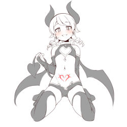 Rule 34 | 1girl, :d, @ @, bad id, bad pixiv id, bare shoulders, blush, boots, bridal gauntlets, clothing cutout, demon girl, demon horns, demon tail, demon wings, earrings, full body, greyscale, heart cutout, holding tail, horns, idolmaster, idolmaster cinderella girls, jewelry, long hair, looking at viewer, monochrome, morikubo nono, navel, nose blush, open mouth, pubic tattoo, ringlets, simple background, sitting, smile, solo, tail, tattoo, thighhighs, thighhighs under boots, uccow, wariza, white background, wings