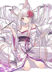Rule 34 | 1girl, animal ear fluff, animal ears, blush, breasts, closed mouth, fang, flower, fox ears, fox girl, fox tail, full body, hair between eyes, hair flower, hair ornament, highres, japanese clothes, kanzashi, kimono, kitsune, kyuubi, long hair, long sleeves, looking at viewer, loose kimono, multiple tails, original, pink eyes, shiro youduki, simple background, sitting, smile, solo, tail, tail raised, very long hair, white background, white hair