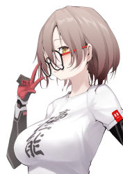 Rule 34 | 1girl, blush, breasts, brown hair, closed mouth, glasses, hand up, highres, hololive, large breasts, looking at viewer, mechanical arms, medium hair, mitsuru (pixiv 34028718), roboco-san, roboco-san (high-spec t-shirt), shirt, short sleeves, sideways glance, sitting, solo, upper body, v, virtual youtuber, white background, white shirt, yellow eyes