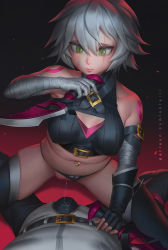 Rule 34 | 1boy, 1girl, bandaged arm, bandages, bare shoulders, black gloves, black panties, black shirt, black thighhighs, blush, breasts, bulge, censored, cleavage cutout, clothing aside, clothing cutout, collarbone, covered erect nipples, cowgirl position, facing viewer, fate/apocrypha, fate (series), femdom, girl on top, gloves, hetero, holding, holding knife, holding weapon, imminent penetration, jack the ripper (fate/apocrypha), knife, leaning forward, lips, looking at viewer, lying, medium breasts, midriff, mosaic censoring, navel, navel piercing, no pants, on back, panties, panties aside, patreon username, piercing, pov, pussy, pussy juice, pussy juice trail, scar, shirt, short hair, sleeveless, sleeveless shirt, solo focus, straddling, thighhighs, tsurime, underwear, unfairr, watermark, weapon, yellow eyes