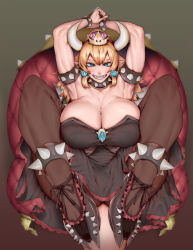 Rule 34 | 1girl, armlet, armpits, arms behind head, arms up, bare shoulders, black dress, black nails, blonde hair, blue eyes, blush, bowsette, bracelet, breasts, cleavage, collar, crown, dress, earrings, grey horns, grin, hair between eyes, highres, horns, huge breasts, jewelry, legs, long dress, long hair, looking at viewer, mario (series), monster girl, muscular, muscular female, nail polish, neck, new super mario bros. u deluxe, nintendo, pantyhose, pointy ears, ponytail, sharp teeth, shoes, smile, solo, spiked armlet, spiked bracelet, spiked collar, spikes, strapless, strapless dress, super crown, super mario bros. 1, teeth, thighhighs, turtle shell