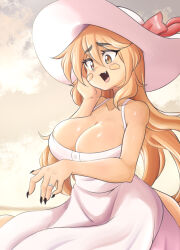 Rule 34 | 1girl, absurdres, breasts, cat girl, cat tail, cleavage, curvy, dress, fang, furry, furry female, goya (lucyfer), happy, hat, highres, jewelry, large breasts, long hair, lucyfer, nail polish, original, ring, simple background, skirt, smile, sun hat, sundress, sunset, tail, tongue, tongue out, very long hair, wedding ring, white dress, wide hips