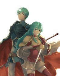 Rule 34 | 1boy, 1girl, armor, blue armor, breastplate, brother and sister, cape, eirika (fire emblem), ephraim (fire emblem), fingerless gloves, fire emblem, fire emblem: the sacred stones, gloves, green hair, highres, holding, holding sword, holding weapon, jabeko, looking at viewer, nintendo, pauldrons, polearm, shoulder armor, siblings, simple background, smile, spear, sword, thighhighs, weapon, white background