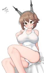 Rule 34 | 1girl, absurdres, breasts, brown hair, dated, feet out of frame, flipped hair, green eyes, hairband, headgear, highres, kantai collection, large breasts, looking at viewer, maru (marg0613), mutsu (kancolle), one-hour drawing challenge, radio antenna, school swimsuit, short hair, simple background, sitting, smile, solo, swimsuit, twitter username, white background, white swimsuit